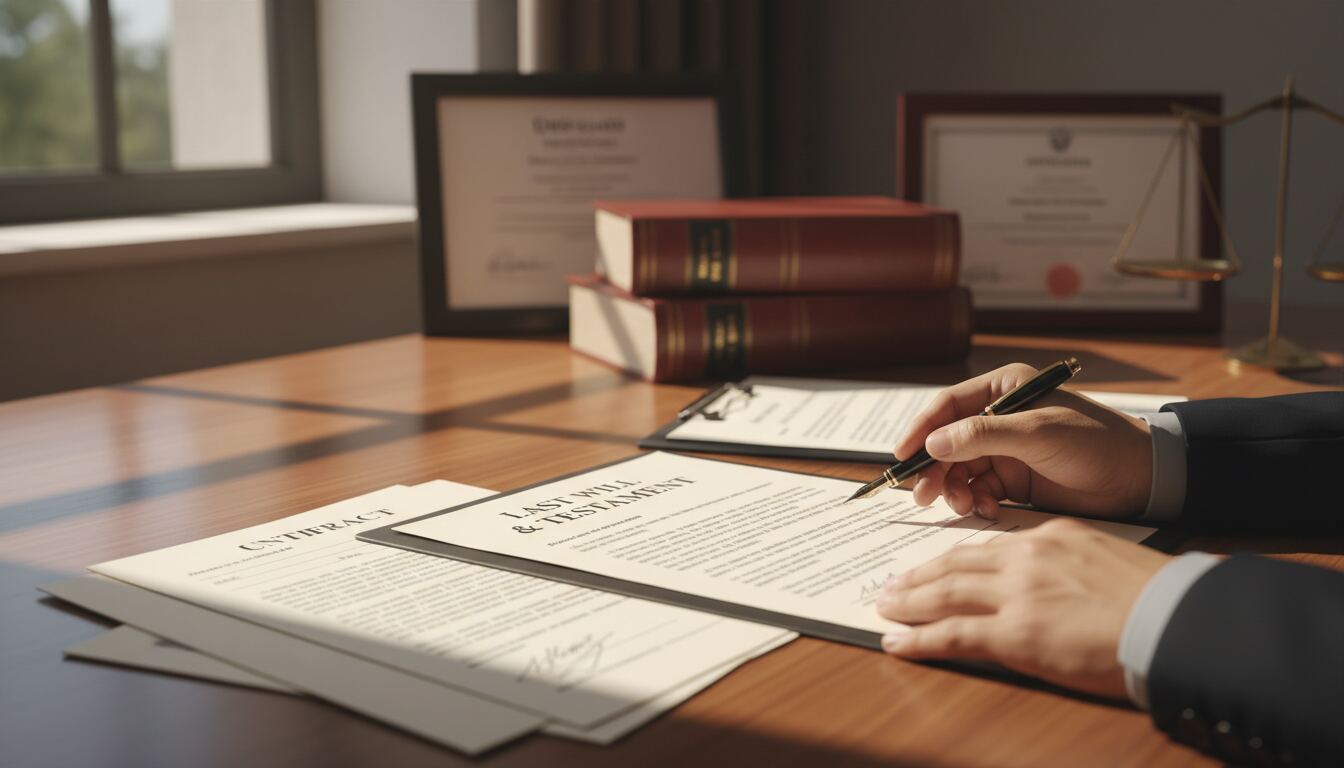 Lawyer reviewing legal documents at desk in professional office
