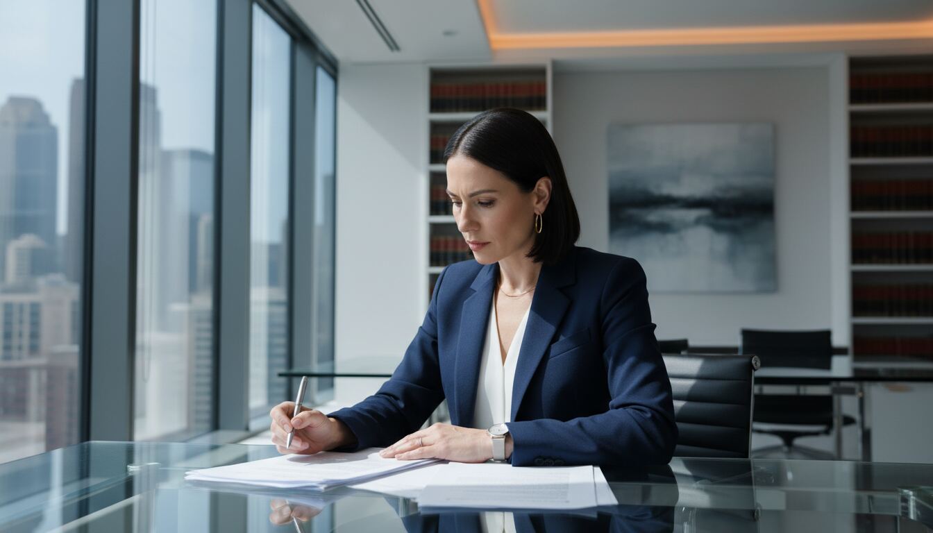 Lawyer reviewing legal documents at desk